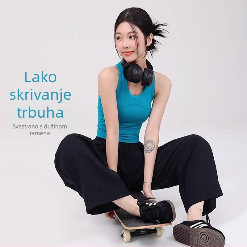 Ženski top bez rukava za ljeto, uski kroj, jednoslojni sportski top, s umetcima za dojke, kratka duljina 40–50 cm, tkanina od poliamida 90–95%, visoka elastičnost, korejsko-japanski stil
