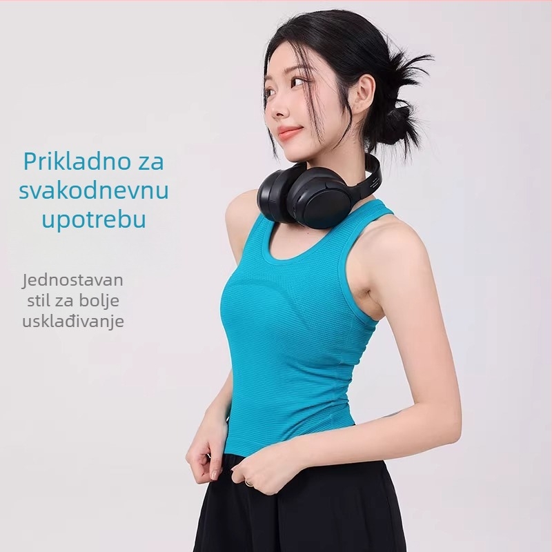 Ženski top bez rukava za ljeto, uski kroj, jednoslojni sportski top, s umetcima za dojke, kratka duljina 40–50 cm, tkanina od poliamida 90–95%, visoka elastičnost, korejsko-japanski stil