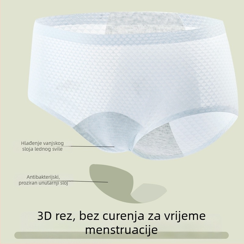 Ženske menstrualne gaćice, glavna tkanina najlon 86%, podstava od poliestera 70–80%, srednji pojas, zaštita od curenja