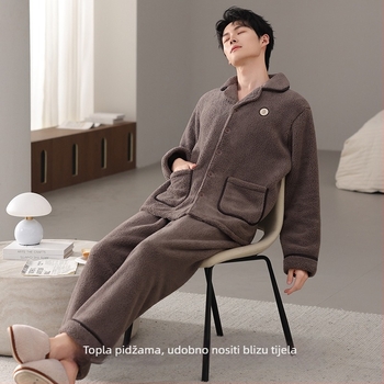 Muški pidžama set od jagnjeće vune, debeli kardigan stil s reverom, dugi rukavi, pogodan i za vanjsku upotrebu