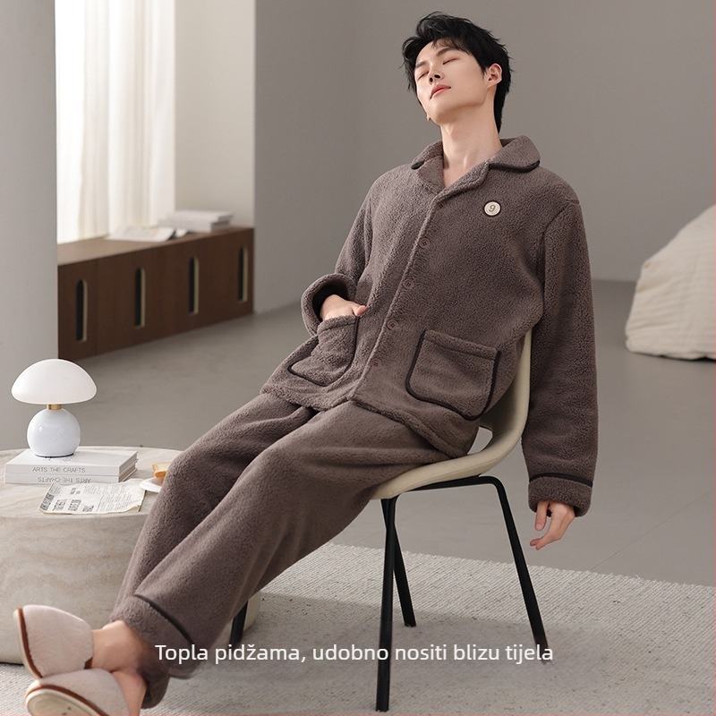 Muški pidžama set od jagnjeće vune, debeli kardigan stil s reverom, dugi rukavi, pogodan i za vanjsku upotrebu