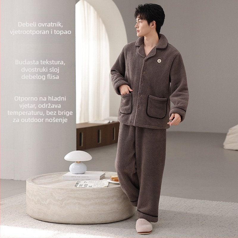 Muški pidžama set od jagnjeće vune, debeli kardigan stil s reverom, dugi rukavi, pogodan i za vanjsku upotrebu