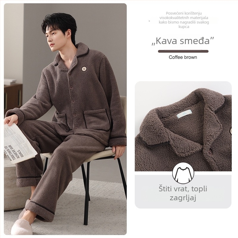 Muški pidžama set od jagnjeće vune, debeli kardigan stil s reverom, dugi rukavi, pogodan i za vanjsku upotrebu