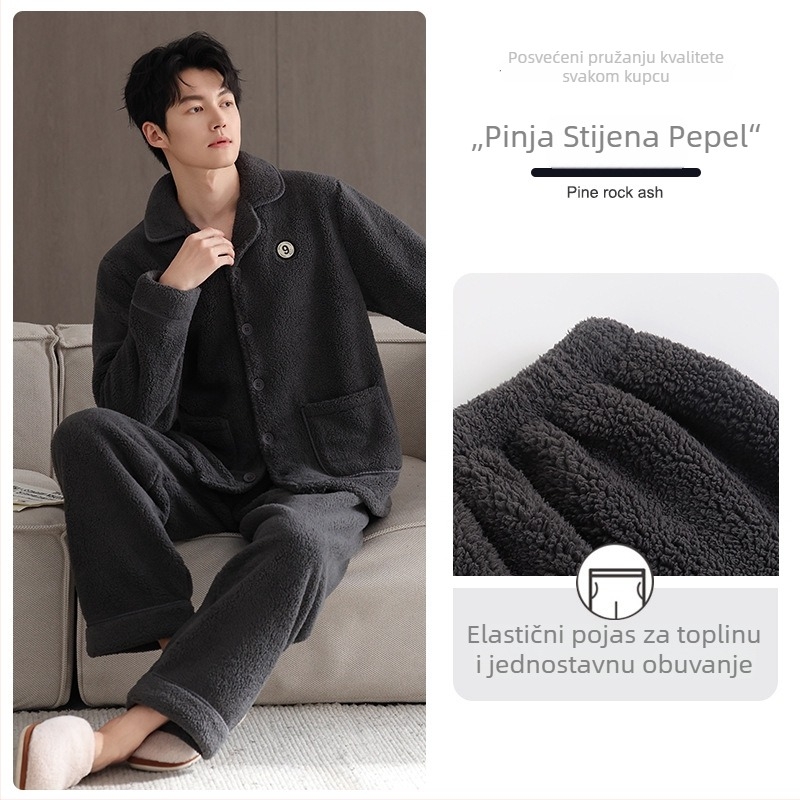 Muški pidžama set od jagnjeće vune, debeli kardigan stil s reverom, dugi rukavi, pogodan i za vanjsku upotrebu