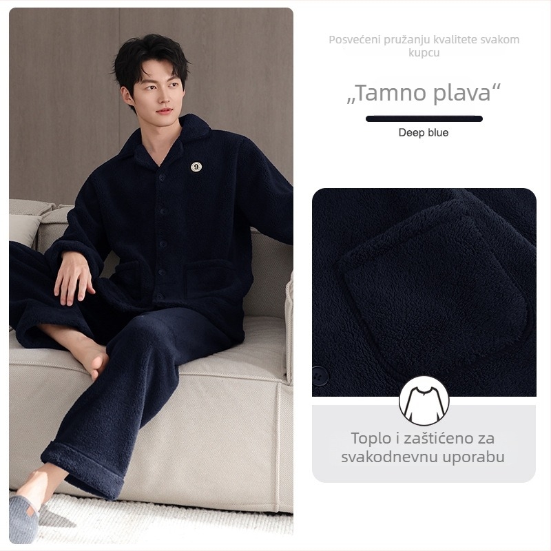 Muški pidžama set od jagnjeće vune, debeli kardigan stil s reverom, dugi rukavi, pogodan i za vanjsku upotrebu