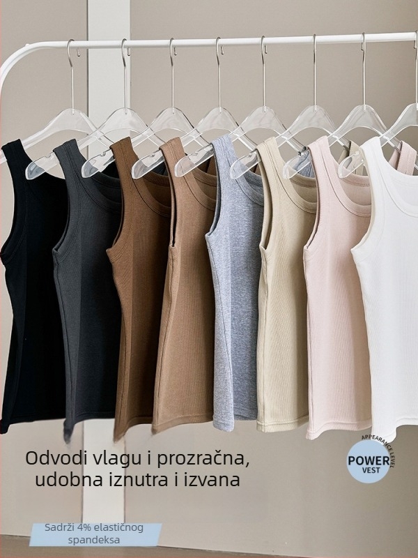 Bijeli rebrasti top za žene, ljeto 2024, svestran kao donji ili gornji sloj, široke naramenice