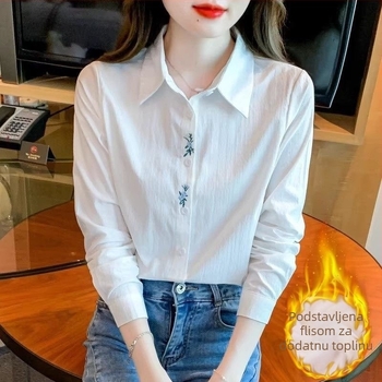 Ženska košulja od pamuka (>95%), visok ovratnik, dugi rukavi, vezenje, elegantan uredski stil