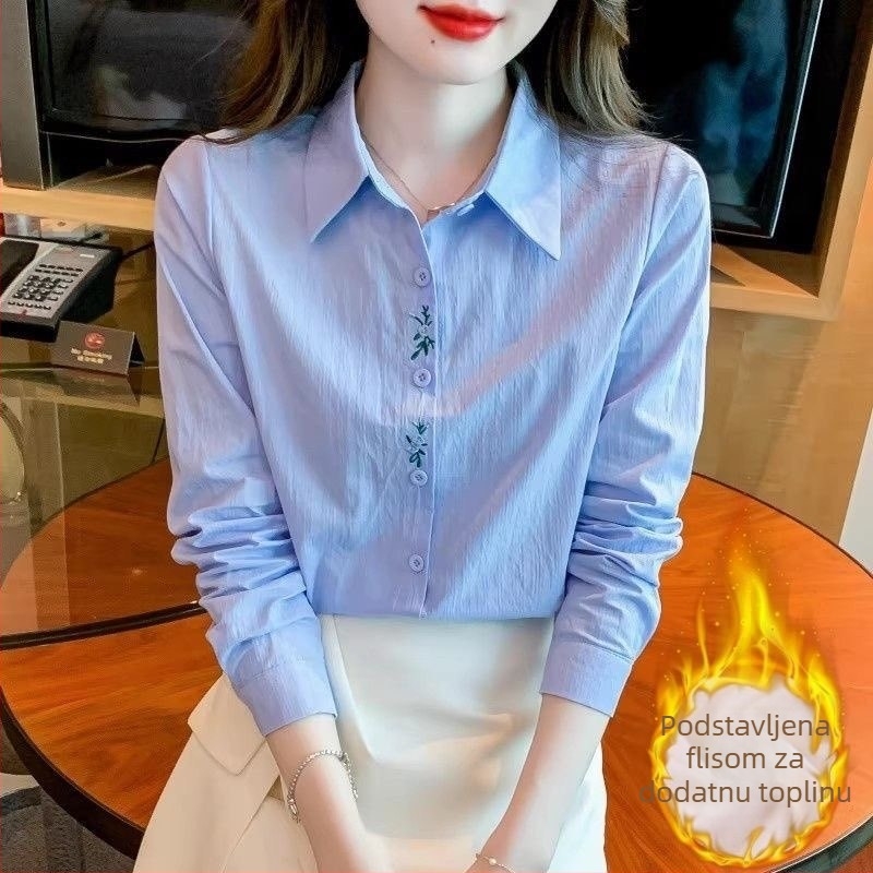 Ženska košulja od pamuka (>95%), visok ovratnik, dugi rukavi, vezenje, elegantan uredski stil