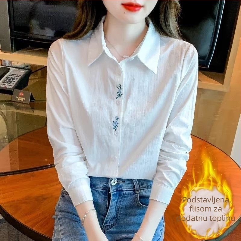 Ženska košulja od pamuka (>95%), visok ovratnik, dugi rukavi, vezenje, elegantan uredski stil