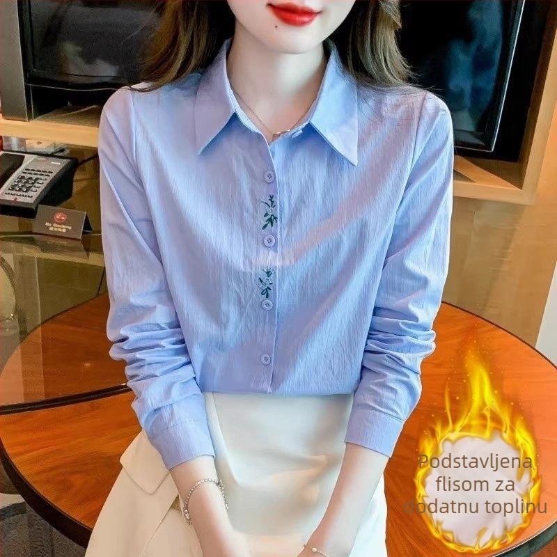 Ženska košulja od pamuka (>95%), visok ovratnik, dugi rukavi, vezenje, elegantan uredski stil
