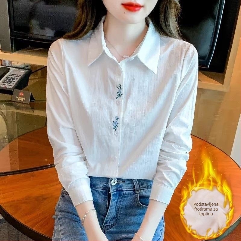 Ženska košulja od pamuka (>95%), visok ovratnik, dugi rukavi, vezenje, elegantan uredski stil
