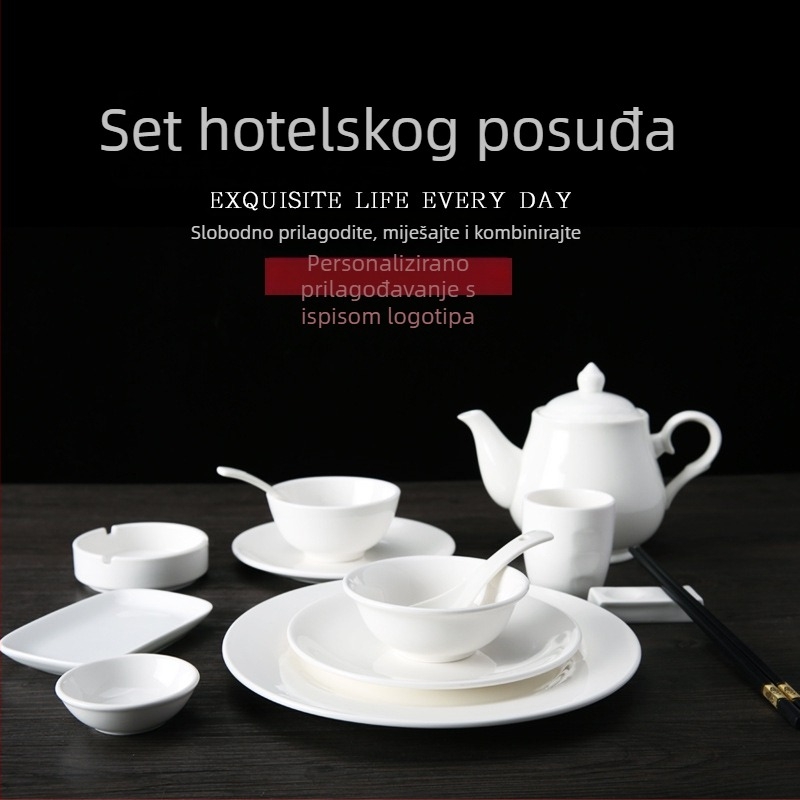 Porcelanski hotelski servis – plosnati tanjuri, okrugli, jednostavan uzorak, moderni minimalistički stil, 3-4 komada