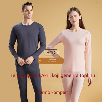 Unisex set osnovnog sloja od Tencel toplog pamuka i lyocella — lagani jesensko-zimski komplet, gornji dio s okruglim izrezom i hlače, dugi rukav, s baršunastom unutarnjom podstavom