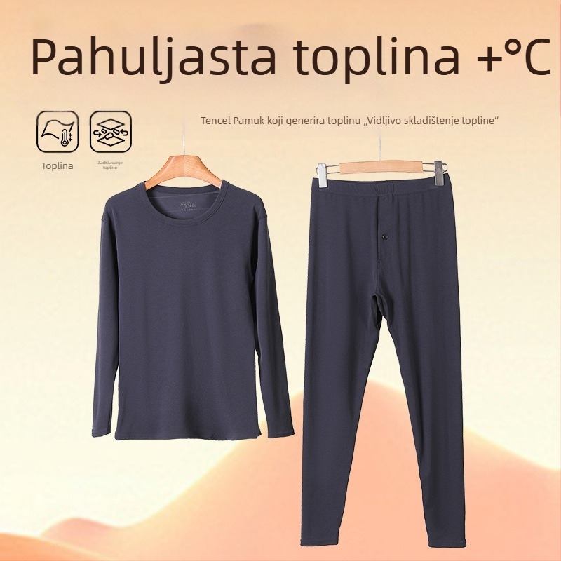 Unisex set osnovnog sloja od Tencel toplog pamuka i lyocella — lagani jesensko-zimski komplet, gornji dio s okruglim izrezom i hlače, dugi rukav, s baršunastom unutarnjom podstavom