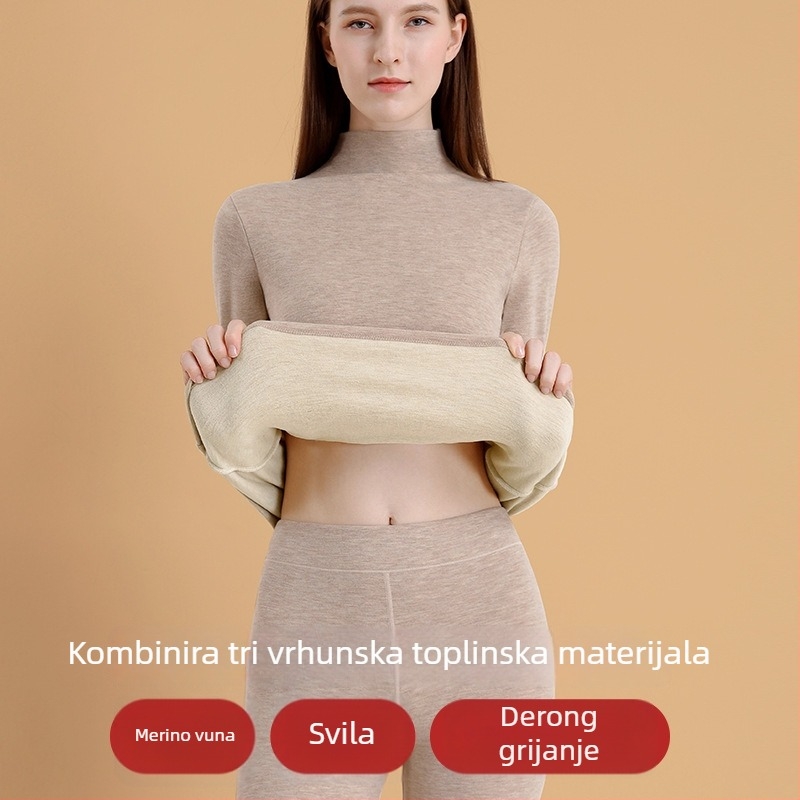 Ženski termalni komplet od vune i svile – poluvisoki ovratnik, dvostruki sloj, plišasta podstava, grijanje, gornji dio i hlače