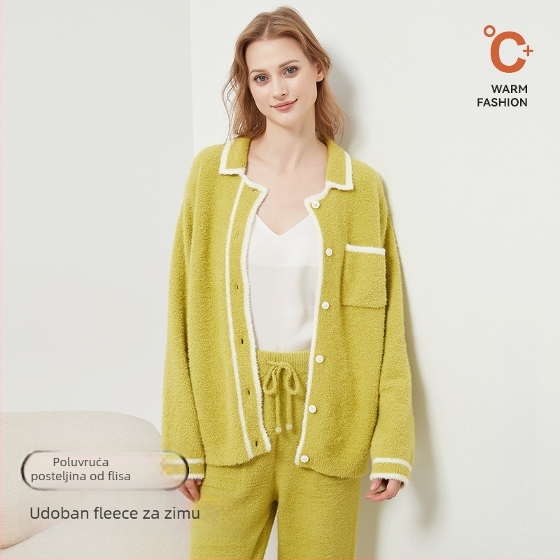 Ženski zimski set pidžama – japanski stil, ovratnik s reverom, dugi rukavi, tkanina feather yarn, smjesa poliestera 30–50%
