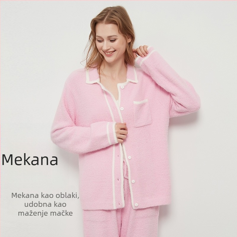 Ženski zimski set pidžama – japanski stil, ovratnik s reverom, dugi rukavi, tkanina feather yarn, smjesa poliestera 30–50%
