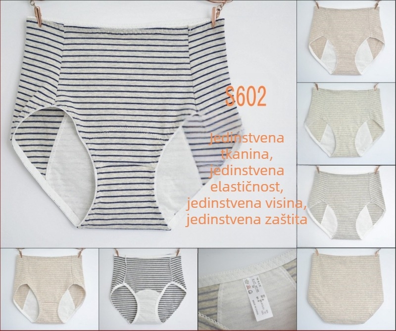 Pamukaste menstrualne gaćice za žene s prugama, visokim pojasom, produžena zaštita od curenja, brzo se suše