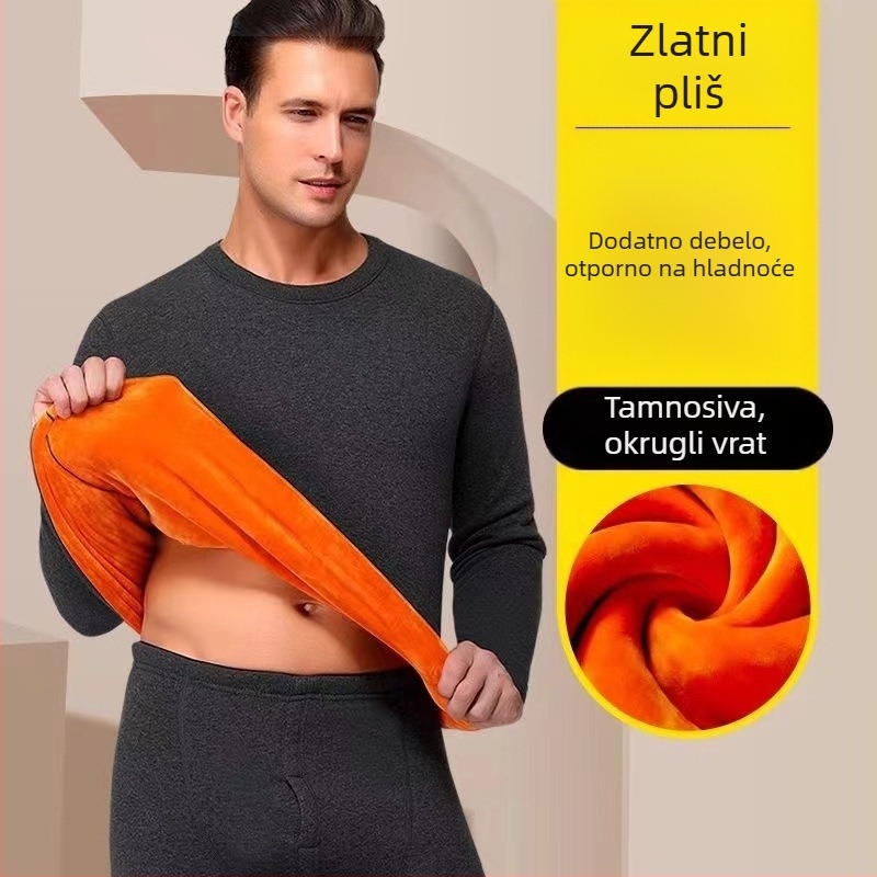 Muški zimski termalni komplet donjeg rublja — 100% poliester, debeli fleece, okrugli ovratnik, dugi rukav i hlače
