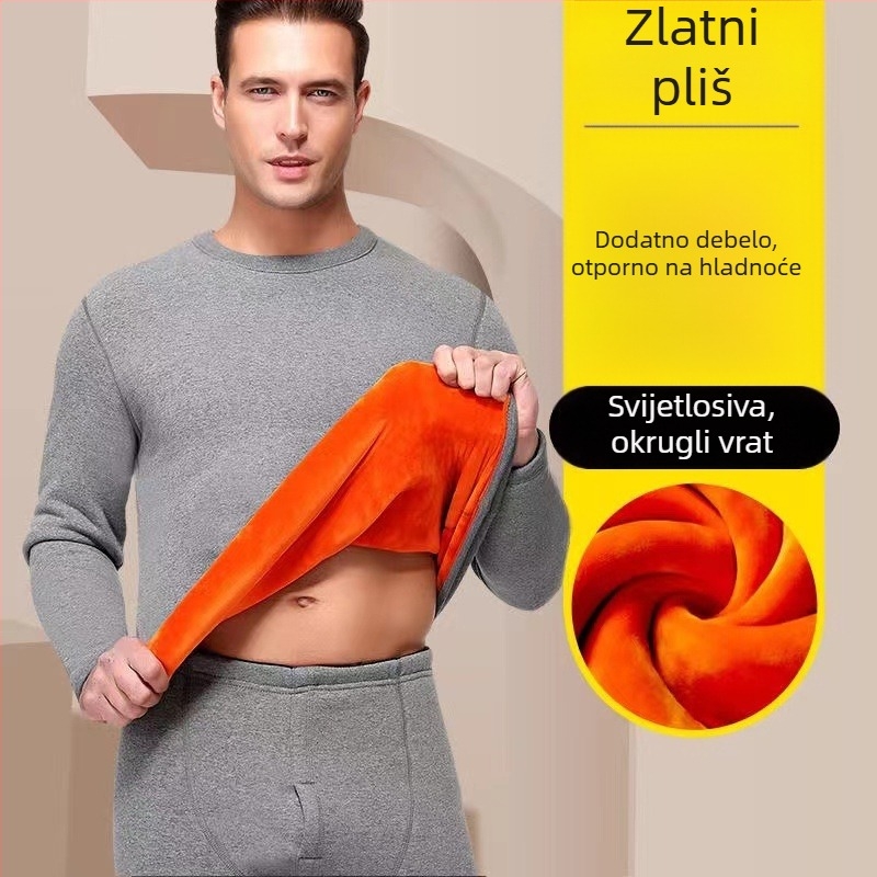 Muški zimski termalni komplet donjeg rublja — 100% poliester, debeli fleece, okrugli ovratnik, dugi rukav i hlače