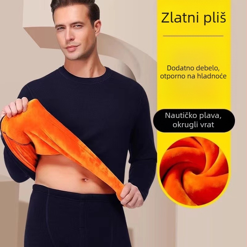 Muški zimski termalni komplet donjeg rublja — 100% poliester, debeli fleece, okrugli ovratnik, dugi rukav i hlače
