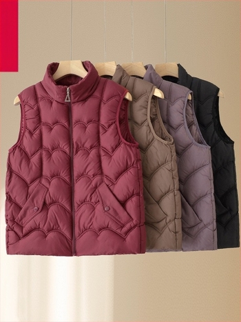 Ženska zimska vest s izolacijom od puh-pamučnog, glavni materijal poliester (>95%), duljina 50–65 cm, bez ovratnika, otporna na glačanje, casual elegantan stil