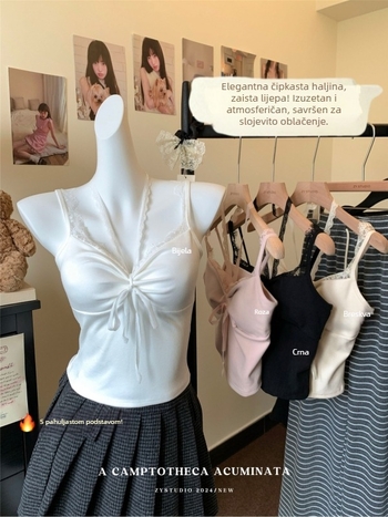 Sling top s umetkom za grudi, baršunasto-pamučna smjesa, uski kroj, kratka duljina (40–50 cm), jednobojna, fiksne naramenice, proljeće 2025
