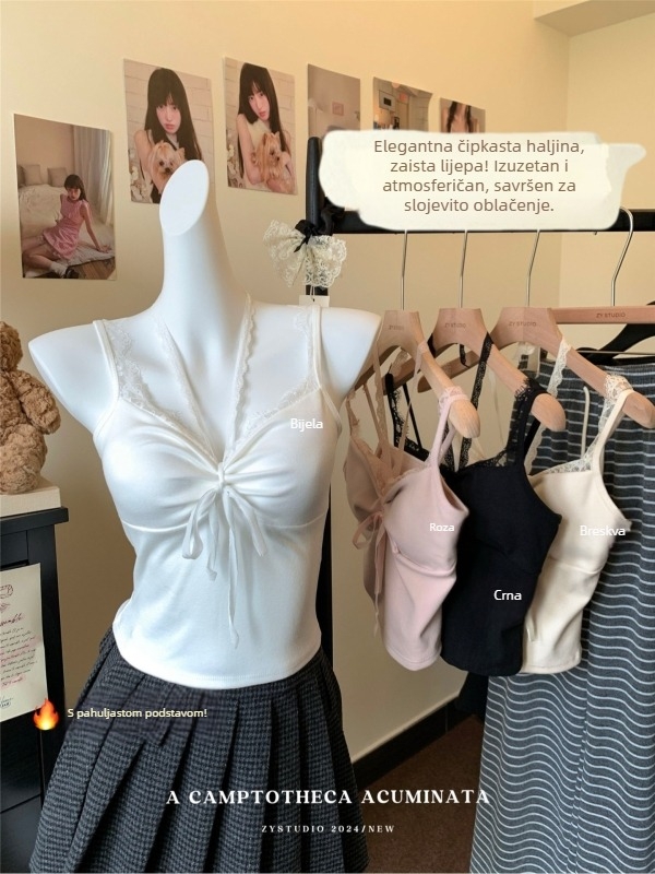 Sling top s umetkom za grudi, baršunasto-pamučna smjesa, uski kroj, kratka duljina (40–50 cm), jednobojna, fiksne naramenice, proljeće 2025