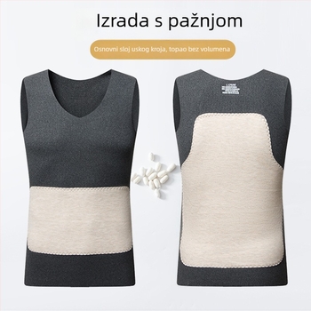Muški termalni prsluk od svile i vune s patch detaljem, rastezljiv, uski kroj, V-izrez, velur podstava, dvostruki sloj, bez rukava