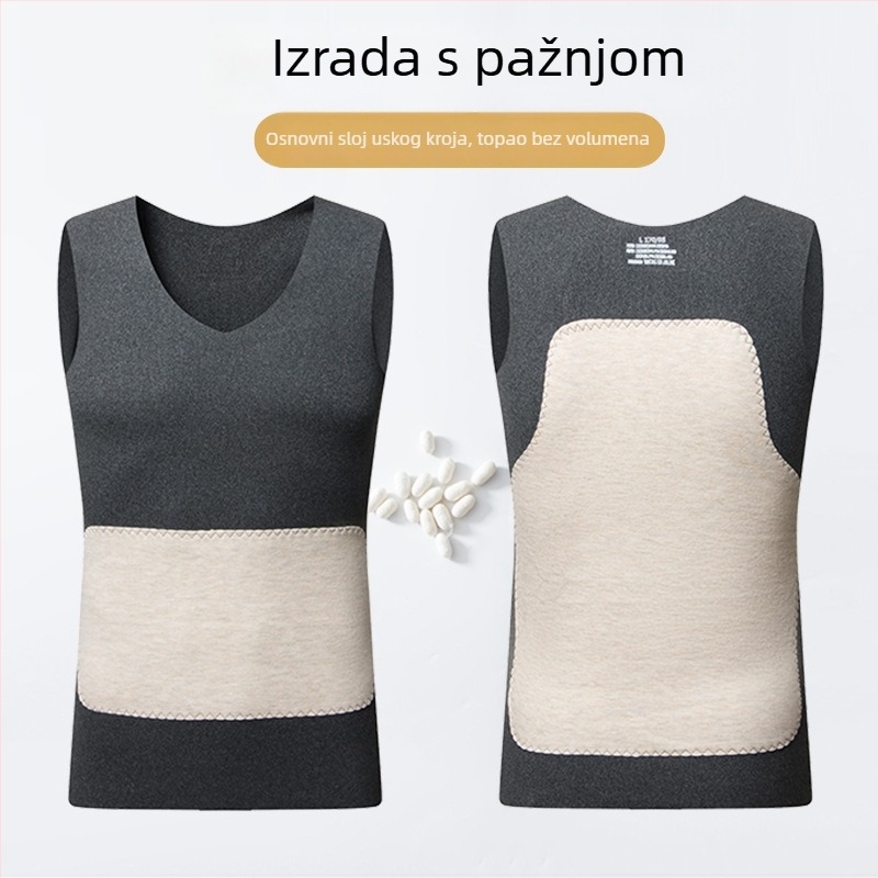 Muški termalni prsluk od svile i vune s patch detaljem, rastezljiv, uski kroj, V-izrez, velur podstava, dvostruki sloj, bez rukava