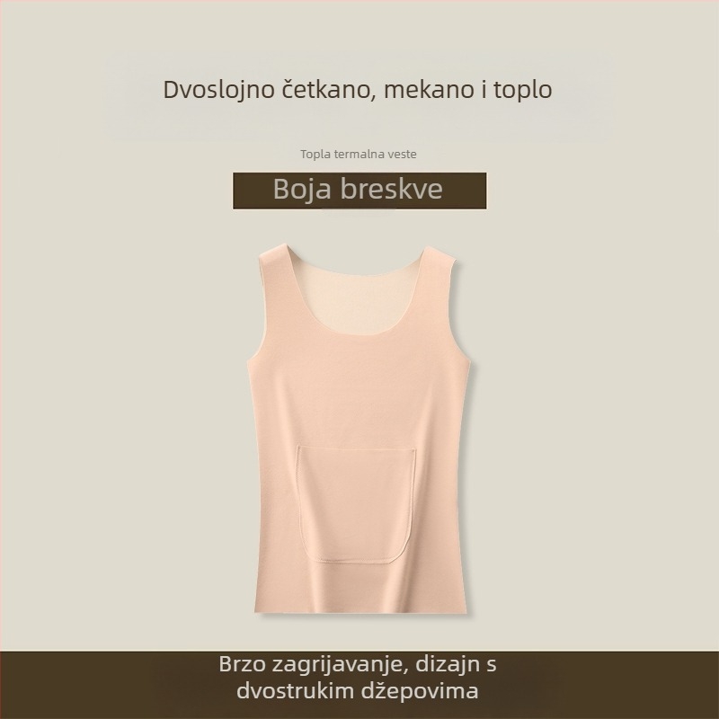 Termalna vest s dvostrukim džepovima i umetkom za prsa, kapuljača, pogodna kao baza ili vanjska odjeća, tkanina Derong akrilna vlakna, tanko 121–140 g/m2