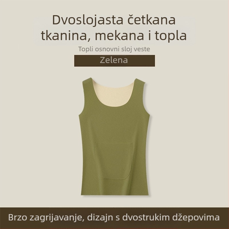 Termalna vest s dvostrukim džepovima i umetkom za prsa, kapuljača, pogodna kao baza ili vanjska odjeća, tkanina Derong akrilna vlakna, tanko 121–140 g/m2