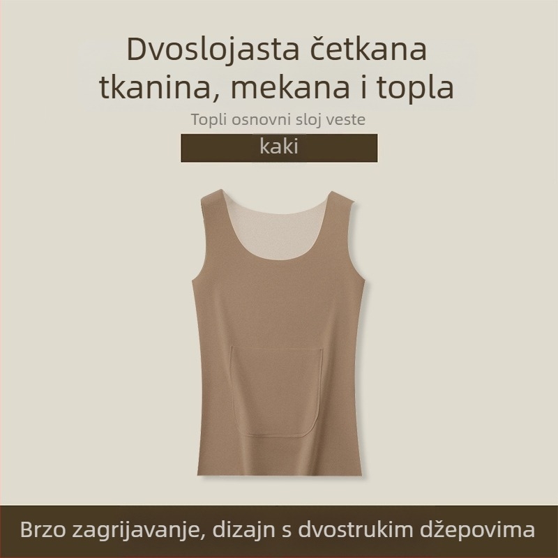 Termalna vest s dvostrukim džepovima i umetkom za prsa, kapuljača, pogodna kao baza ili vanjska odjeća, tkanina Derong akrilna vlakna, tanko 121–140 g/m2