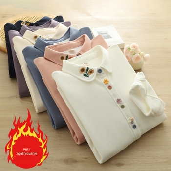 Košulja od pamuka s floralnim uzorkom, široka silueta, dugi rukavi, ovratnik tip doll collar, fleece podstava