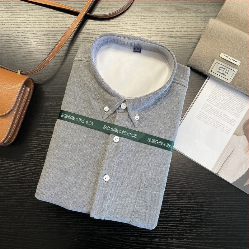 Muška prugasta Oxford košulja s fleece podstavom, debela tkanina, 60% pamuk 40% poliester, rever ovratnik, dugi rukavi