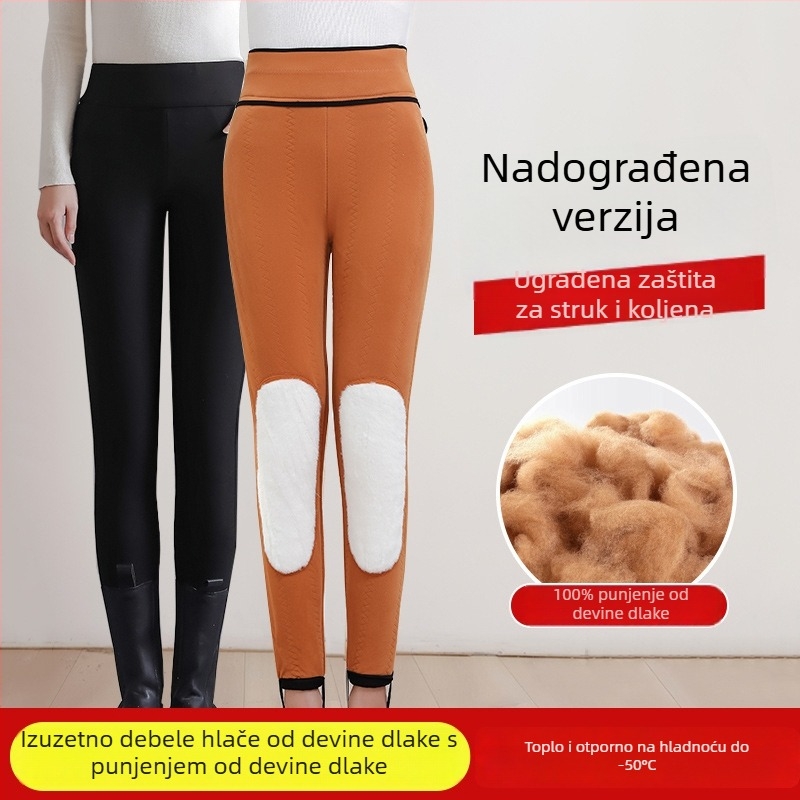 Ženske tajice od ovčjeg flisa i svile-pamuka, visok pas, zimska toplina, ekstra debele za toplinu koljena