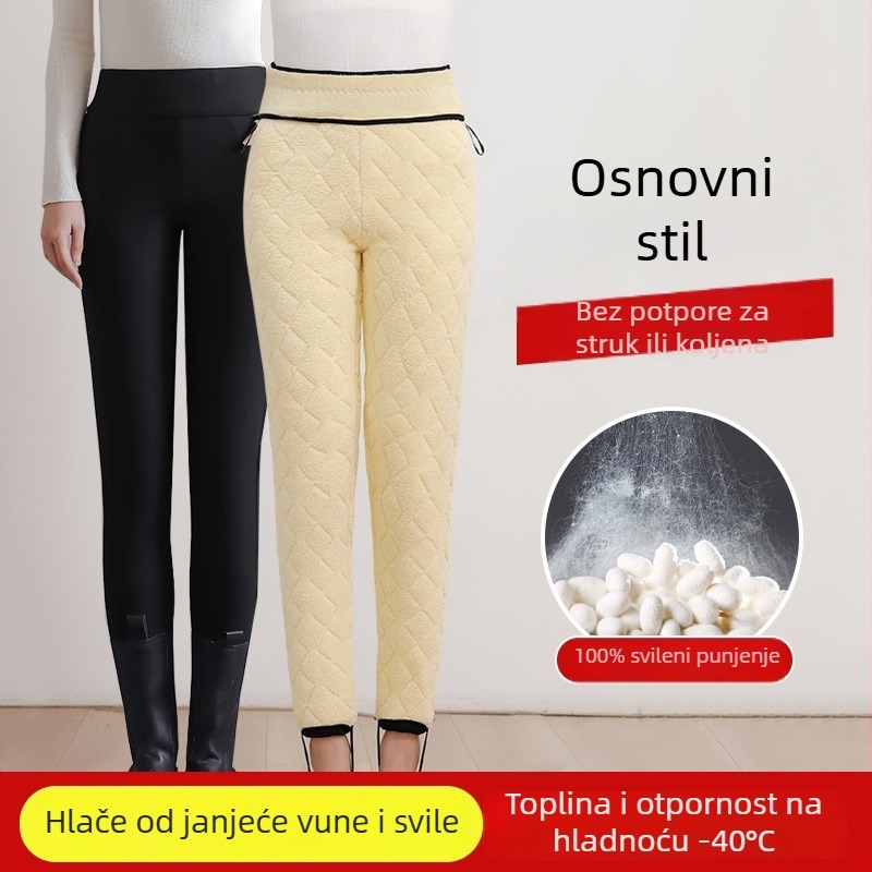 Ženske tajice od ovčjeg flisa i svile-pamuka, visok pas, zimska toplina, ekstra debele za toplinu koljena
