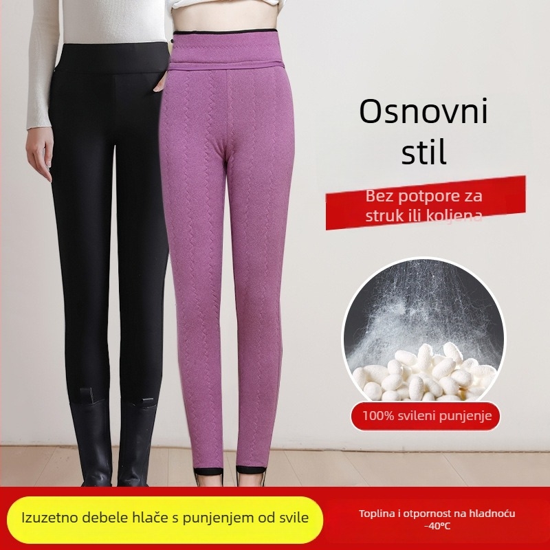 Ženske tajice od ovčjeg flisa i svile-pamuka, visok pas, zimska toplina, ekstra debele za toplinu koljena