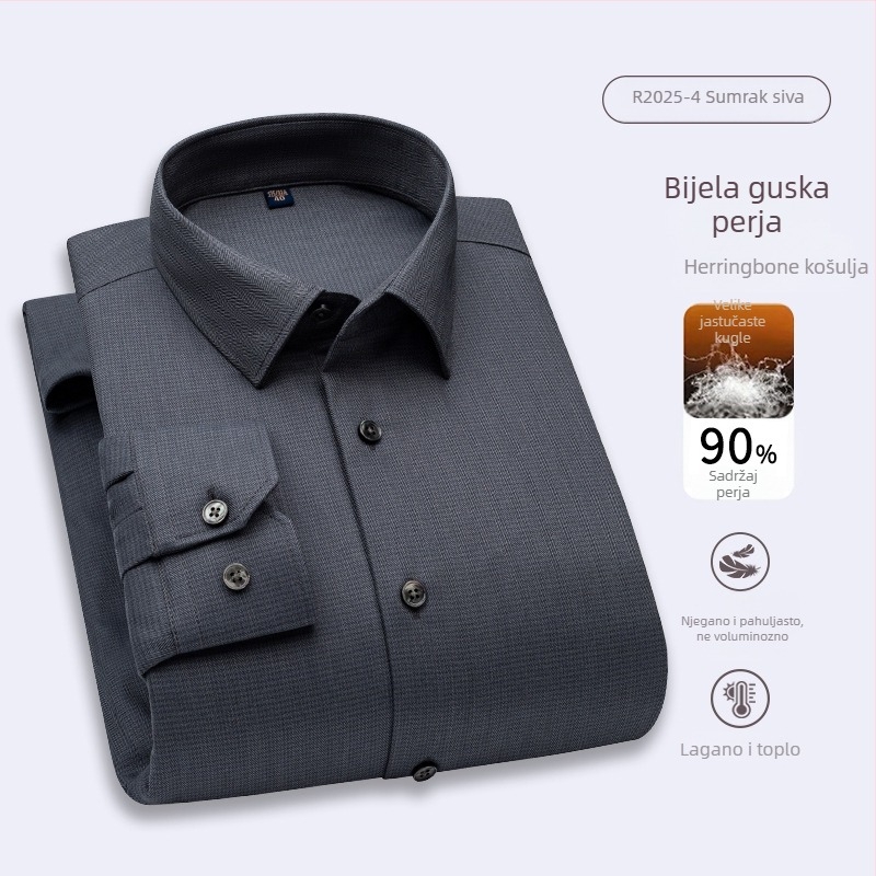 Muška košulja s dugim rukavima za jesen-zimu, poslovni stil, jednobojna s herringbone uzorkom i stojeći ovratnik