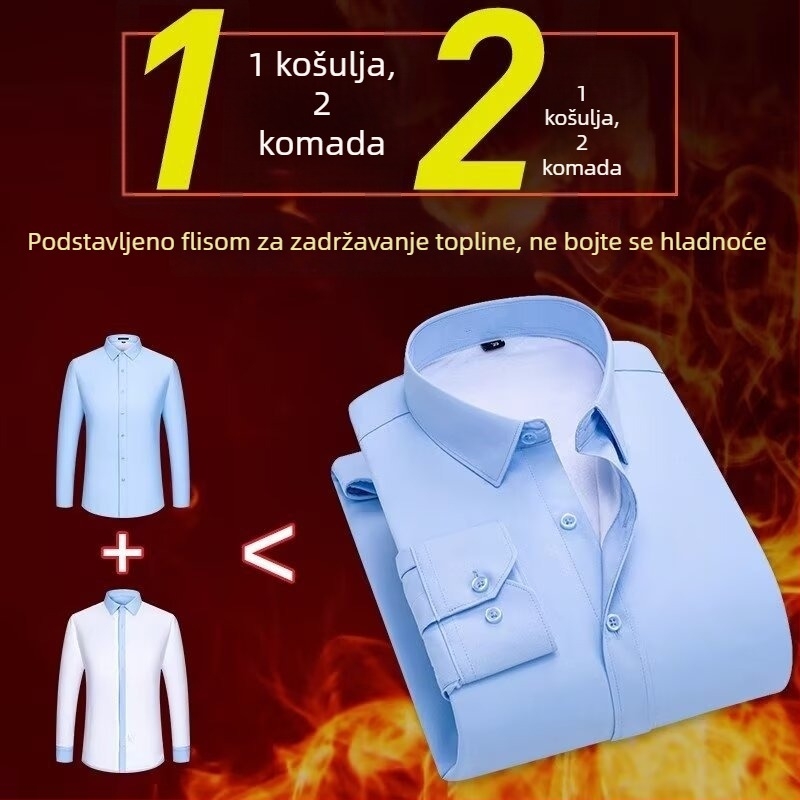 Muška zimska topla košulja za poslovni casual, s flisom, debela, slim kroj, bijela viskoza