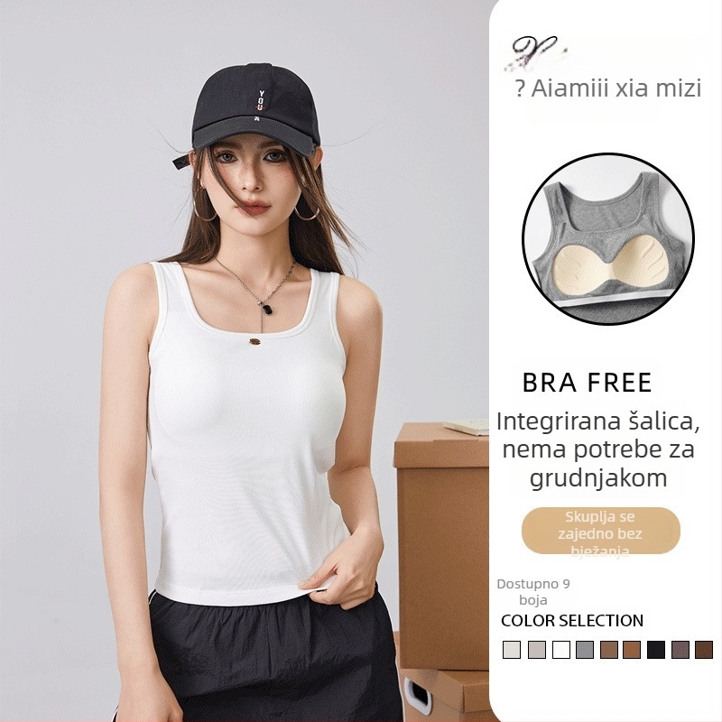 Ženski top bez rukava, bazni top s širokim trakama, Lyocell-pamučna mješavina, tekstni otisak, duljina 50–65 cm, proljeće 2025