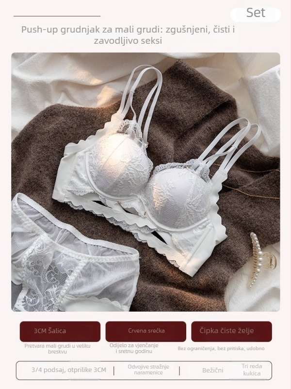 Push-up grudnjak za male grudi, bez čelične ojačanja, najlonski materijal, cup tip Rabbit Ear Cup, stražnje troredno kopčanje, stil 3/4