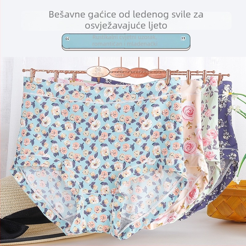 Bezšivne ženske gaćice, antibakterijska pamukasta podstava, prozračne, cvjetni uzorak, lagani ljetni model, srednji pojas, plus veličina, led silk stil