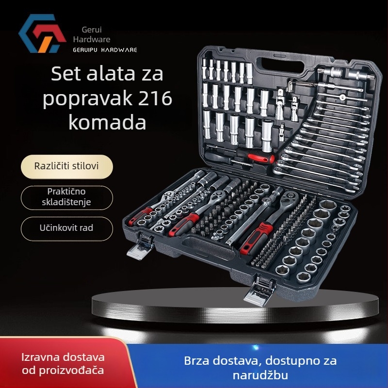 Gorepu set alata za popravak automobila, 216 komada, set utičnica i ručnih ključeva s ratchetom – visoko ugljični čelik, promjeri 1/4, 3/8 i 1/2 inča, za popravak automobila i strojeva