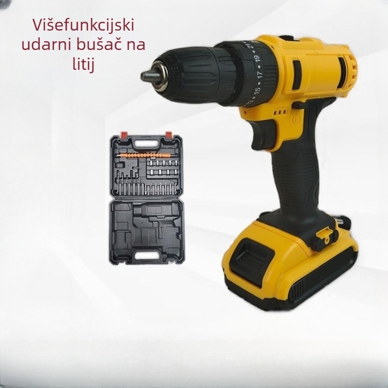 Bežična bušilica s Li-ion baterijom, četkasti motor, više brzina, čeljust za bitove, perkusijska funkcija