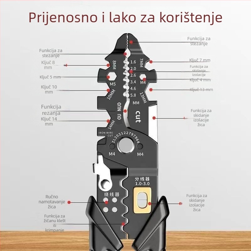 ONO 25-u-1 Višenamjenske kliješte za skidanje izolacije, krimpanje, rezanje i navijanje žica – alat električara u njemačkom stilu
