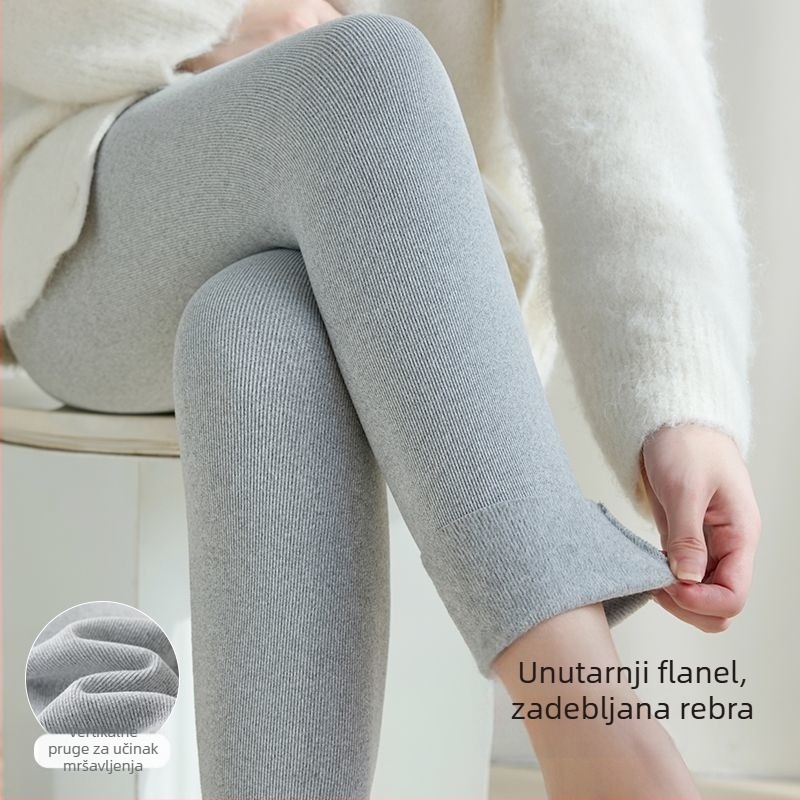 Ženske jesensko-zimske tajice s vertikalnim prugama, flis podstava, visokim strukom, 3/4 dužina, tople