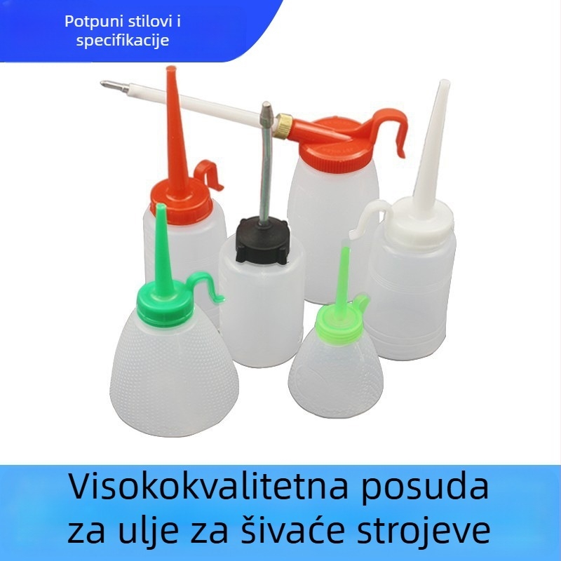 Plastična posuda za ulje za šivaće strojeve, različitih veličina, s oštrim kovinskim izljevom.