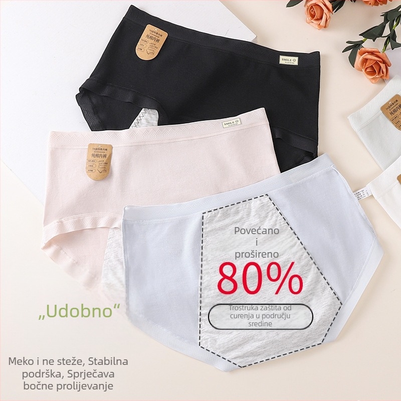 Ženske menstrualne gaćice od pamuka s antibakterijskom područjem, zaštita od curenja, srednje visoko, glavna tkanina 95% pamuk, podstava 95% pamuk.