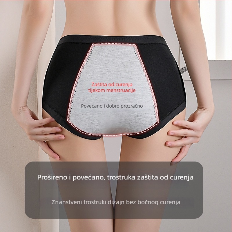 Ženske menstrualne gaćice od pamuka s antibakterijskom područjem, zaštita od curenja, srednje visoko, glavna tkanina 95% pamuk, podstava 95% pamuk.